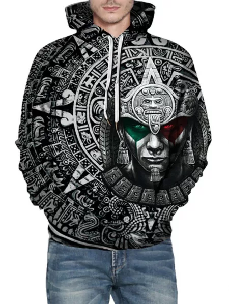3d Print Vintage Front Pocket Drawstring Hoodie
