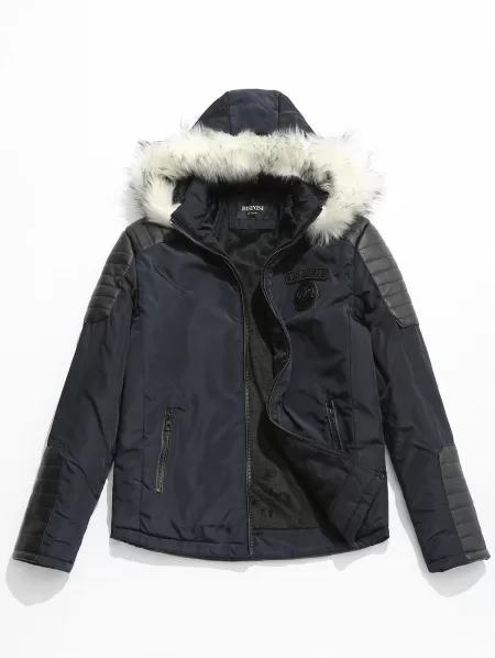 Applique Faux Fur Hoodie Pu Parka Coat