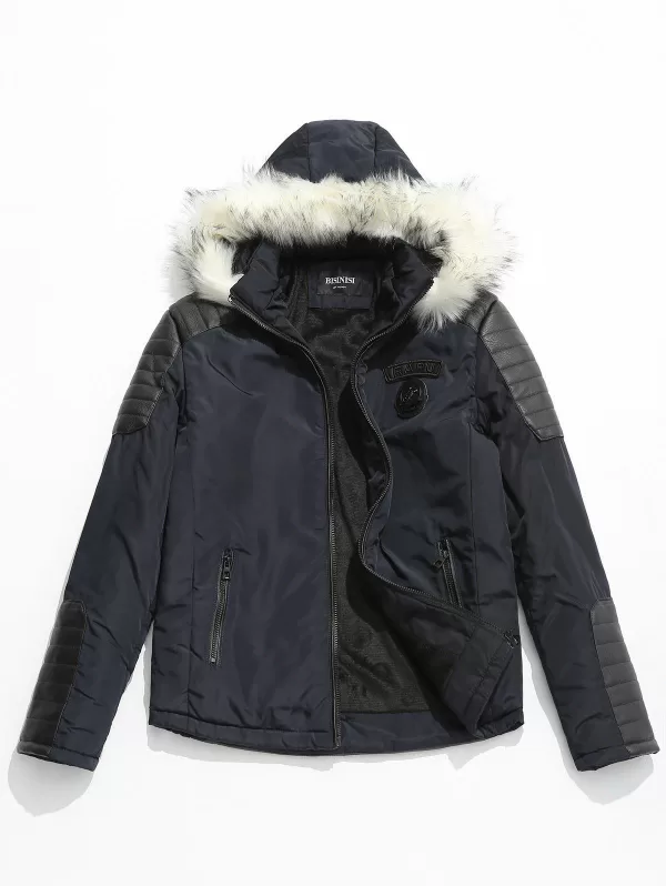 Applique Faux Fur Hoodie Pu Parka Coat
