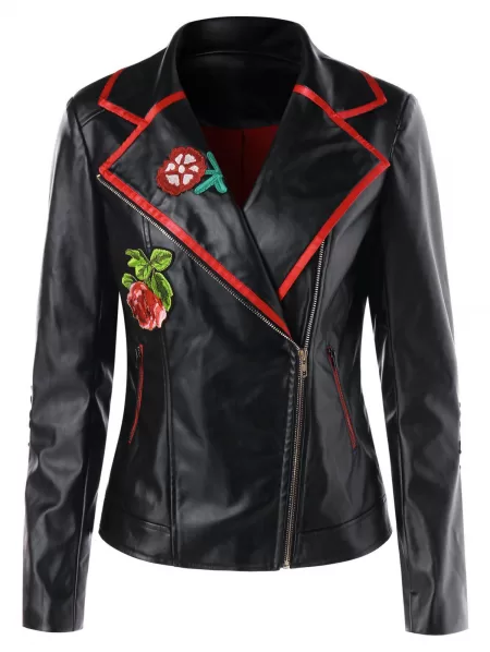 Applique Faux Leather Biker Jacket