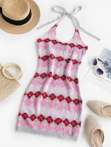 Argyle Halter Slinky Sweater Dress