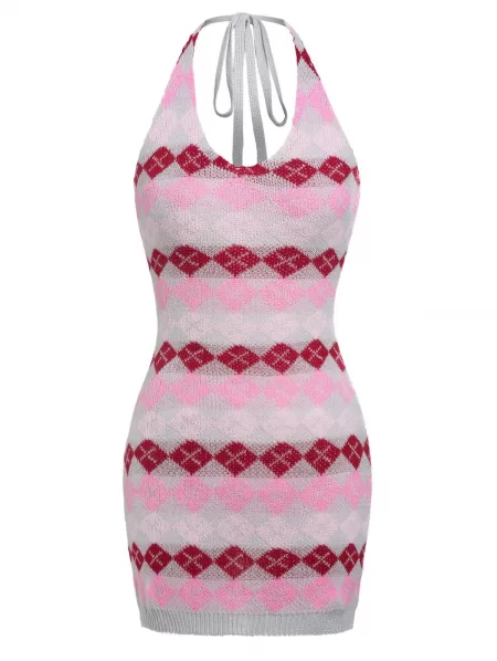 Argyle Halter Slinky Sweater Dress