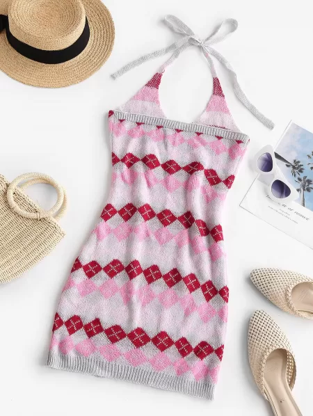 Argyle Halter Slinky Sweater Dress
