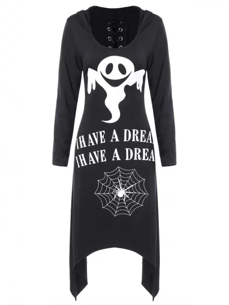 Asymmetric Lace Up Graphic Halloween Longline Hoodie