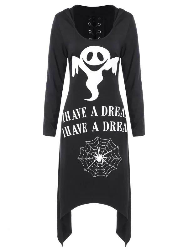 Asymmetric Lace Up Graphic Halloween Longline Hoodie