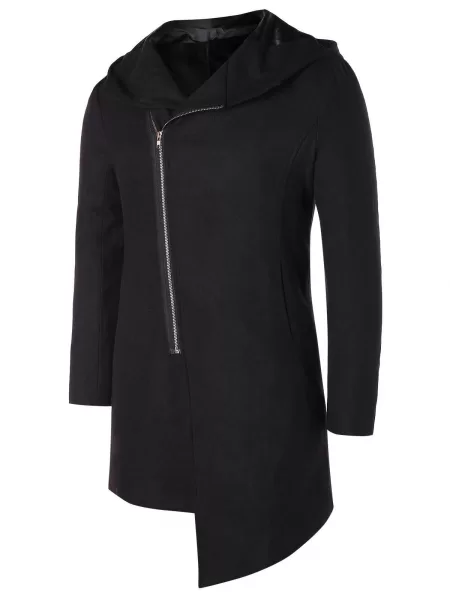 Asymmetric Zip Up Hooded Longline Coat