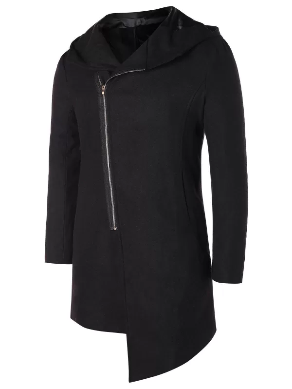 Asymmetric Zip Up Hooded Longline Coat
