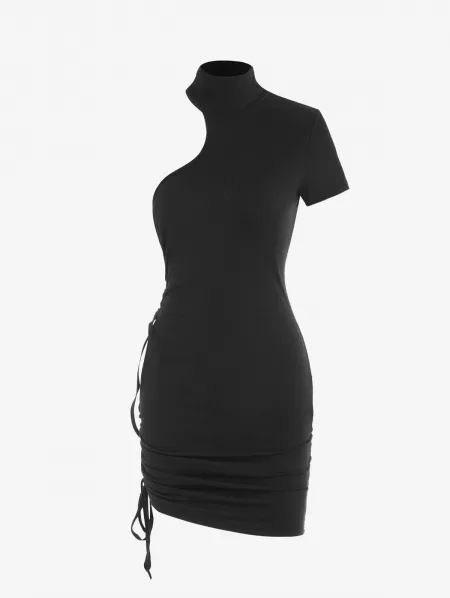 Asymmetrical High Neck Ribbed Ruched Waist Cutout Slinky Dress