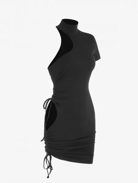 Asymmetrical High Neck Ribbed Ruched Waist Cutout Slinky Dress