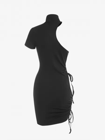 Asymmetrical High Neck Ribbed Ruched Waist Cutout Slinky Dress