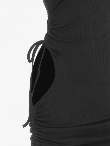 Asymmetrical High Neck Ribbed Ruched Waist Cutout Slinky Dress