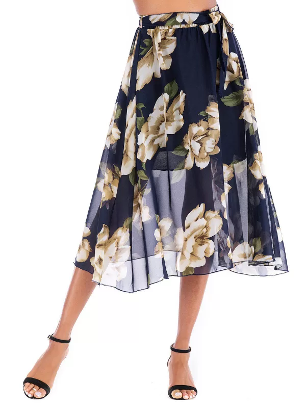 Belted Floral Midi Skirt