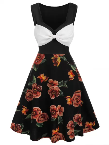 Bowknot Floral Pattern A Line Dress