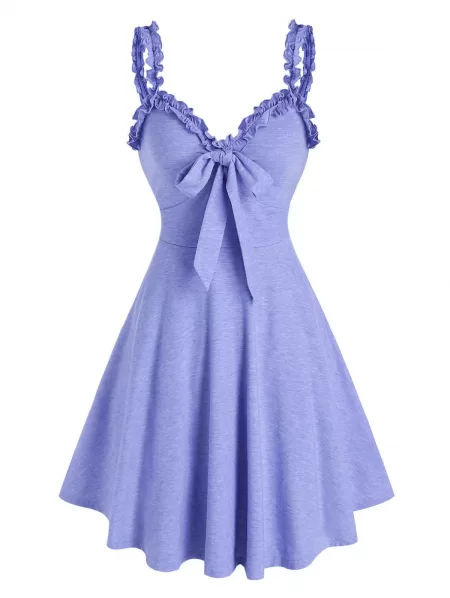 Bowknot Frills V Collar High Waist Dress