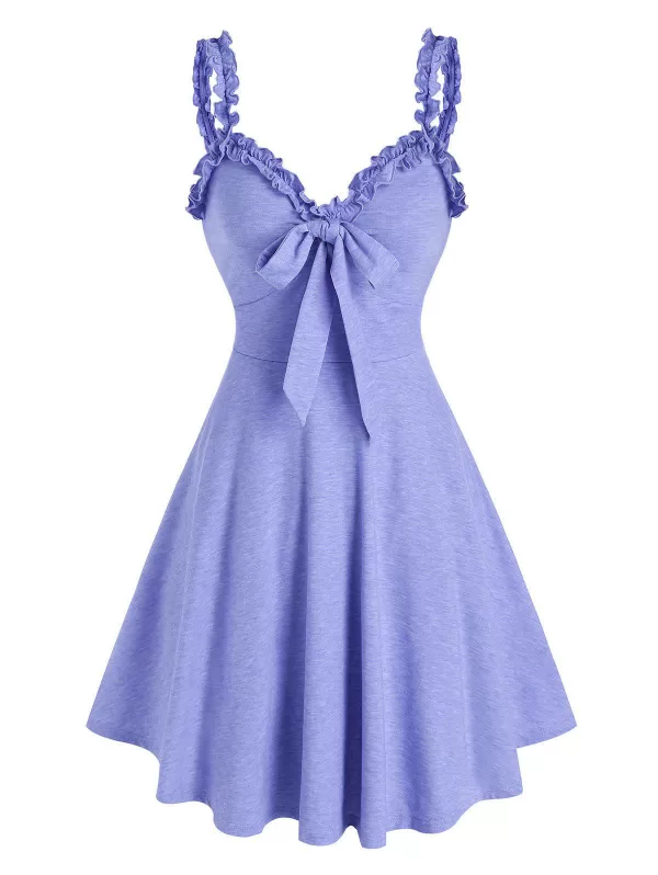 Bowknot Frills V Collar High Waist Dress