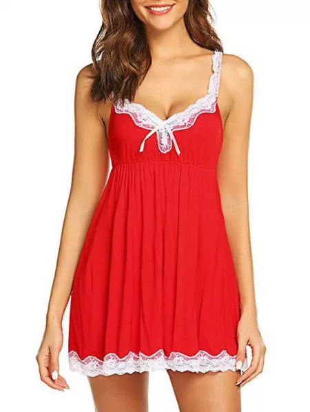 Bowknot Scalloped Lace Trim Babydoll With T-back