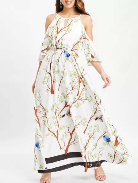 Branch Print Cold Shoulder Maxi Dress