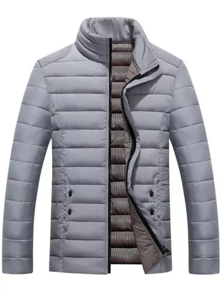 Button Embellished Zipper Up Quilted Jacket