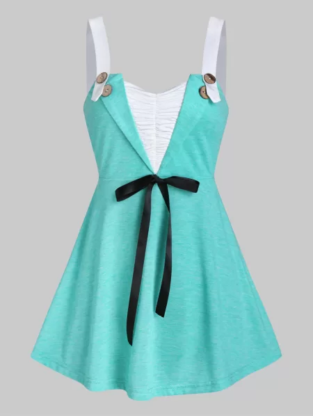 Button Patchwork A Line Tank Top