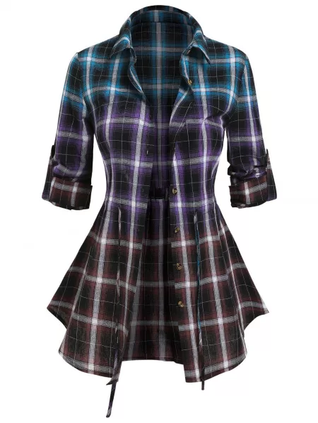 Button Up Plaid Drawstring Tie Blouse