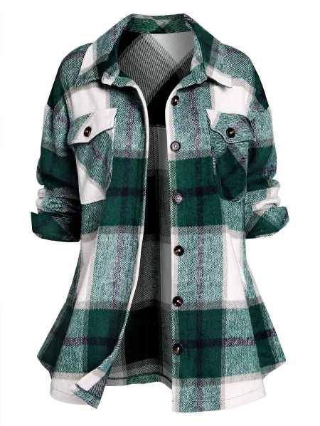 Button Up Plaid Pattern Wool Blend Coat