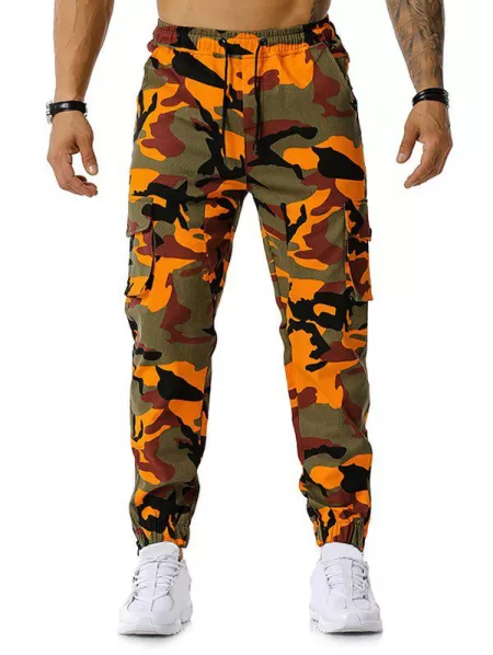 Camo Print Multi-pocket Drawstring Cargo Pants