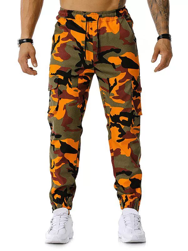 Camo Print Multi-pocket Drawstring Cargo Pants