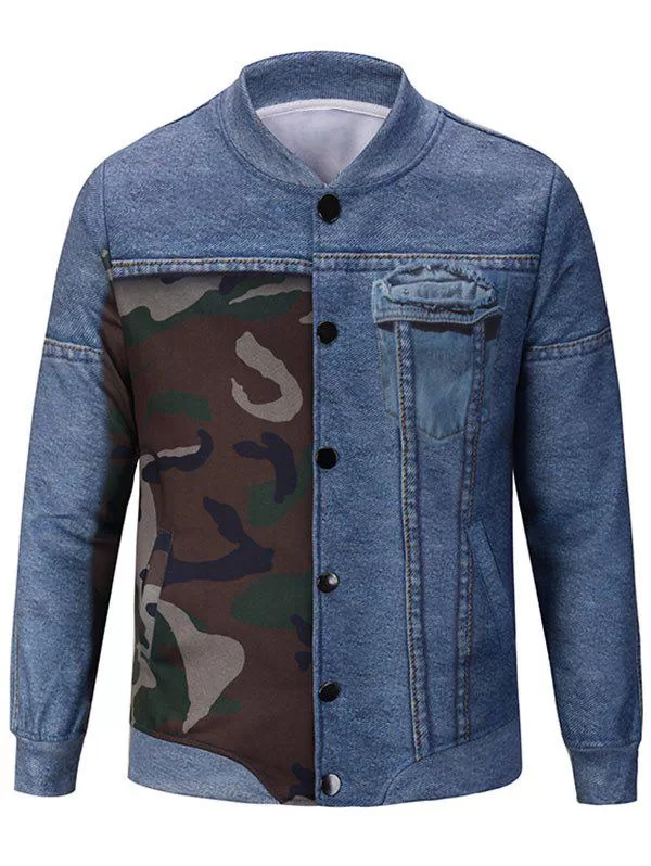 Camouflage And Denim Pattern Stand Collar Jacket