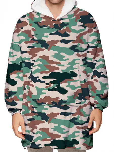 Camouflage Print Kangaroo Pocket Fleece Blanket Hoodie