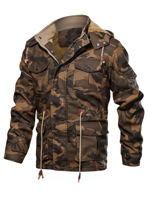 Camouflage Print Toggle Drawstring Pu Leather Cargo Jacket