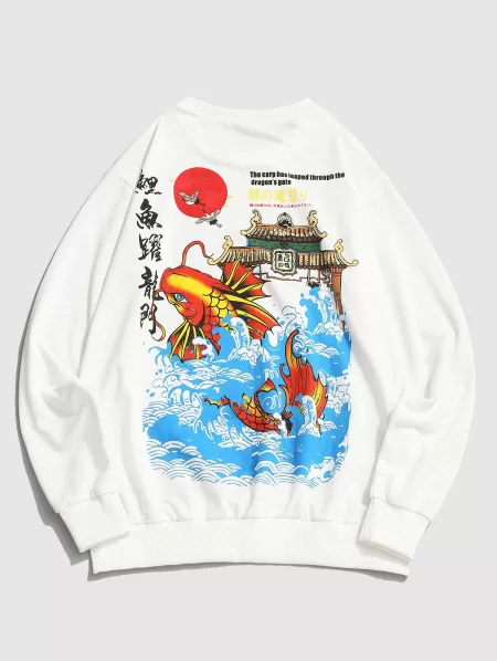 Carp Leaping Over Dragon Gate Chinoiserie Crewneck Sweatshirt