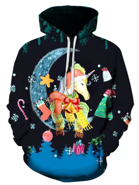 Cartoon Pattern Pocket Christmas Hoodie