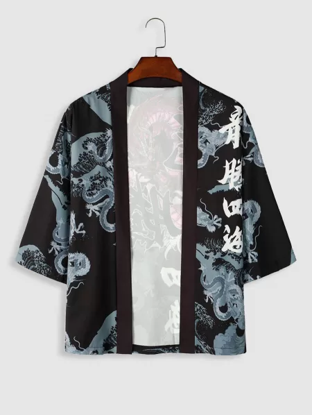Chinese Character And Dragon Print Graphic Kimono