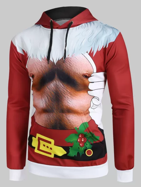 Christmas Abdominal Muscle Print Kangaroo Pocket Drawstring Hoodie