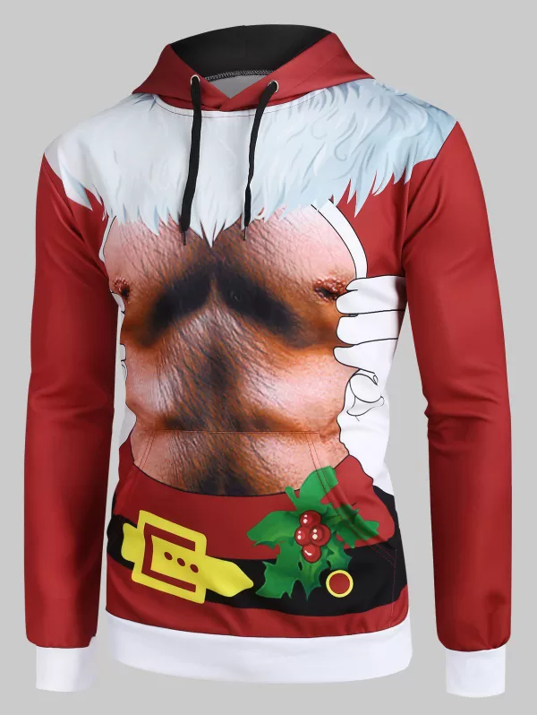 Christmas Abdominal Muscle Print Kangaroo Pocket Drawstring Hoodie