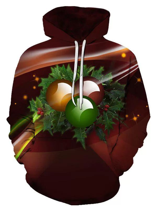 Christmas Ball Berry Print Front Pocket Hoodie