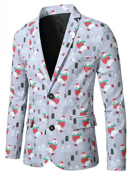 Christmas Bear Trees Print Lapel Side Slit Blazer