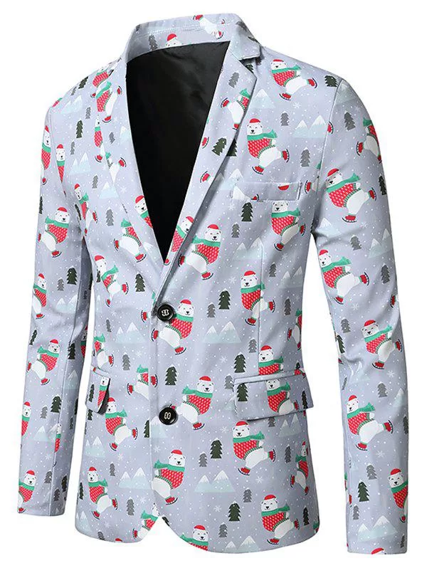 Christmas Bear Trees Print Lapel Side Slit Blazer