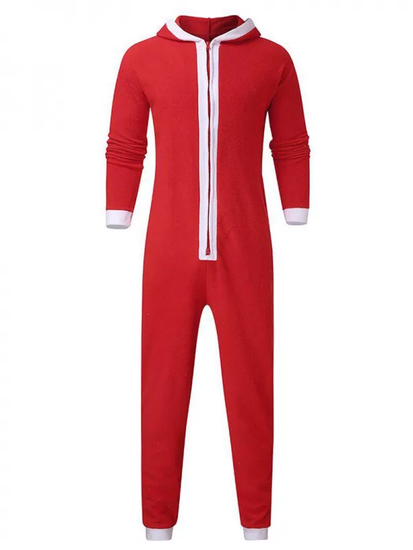Christmas Color Spliced Zipper Hooded Jumpsuit