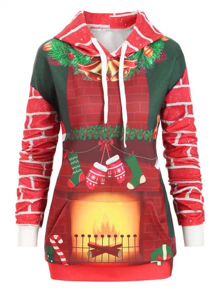 Christmas Drawstring Kangaroo Pocket Printed Tunic Hoodie