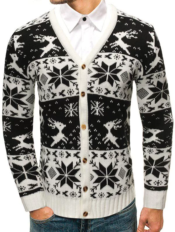 Christmas Elk Snowflake Jacquard Print Button Knitted Cardigan