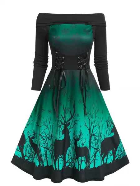 Christmas Elk Snowflake Print Lace Up Dress