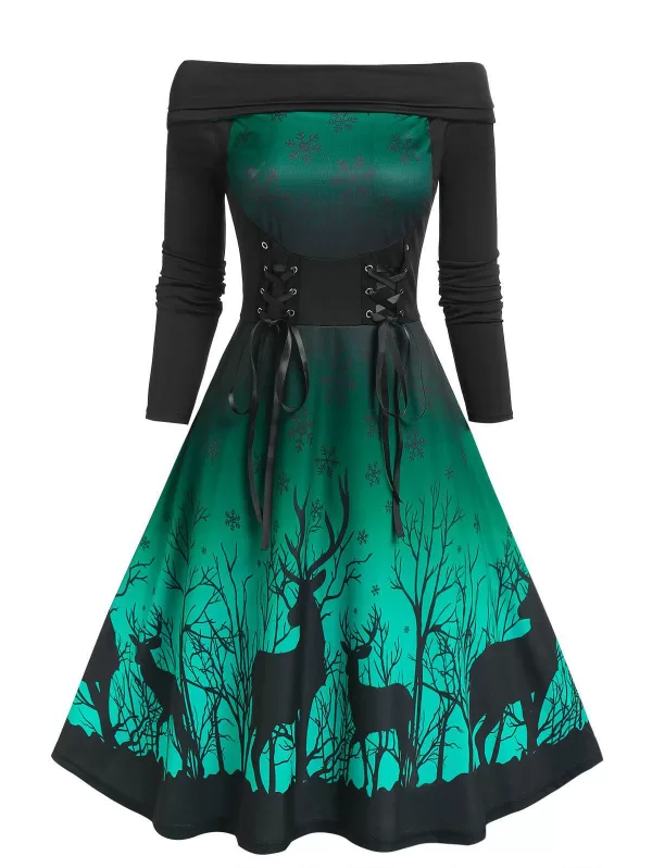 Christmas Elk Snowflake Print Lace Up Dress