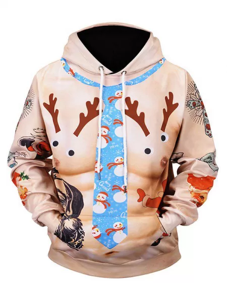 Christmas Muscle Elk Print Casual Hoodie