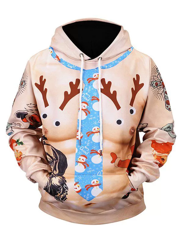 Christmas Muscle Elk Print Casual Hoodie