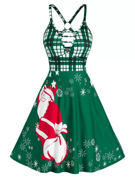 Christmas O Ring Santa Claus Print Plunge Dress