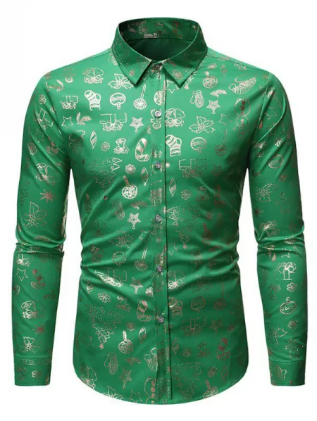 Christmas Pattern Allover Print Long Sleeve Button Shirt