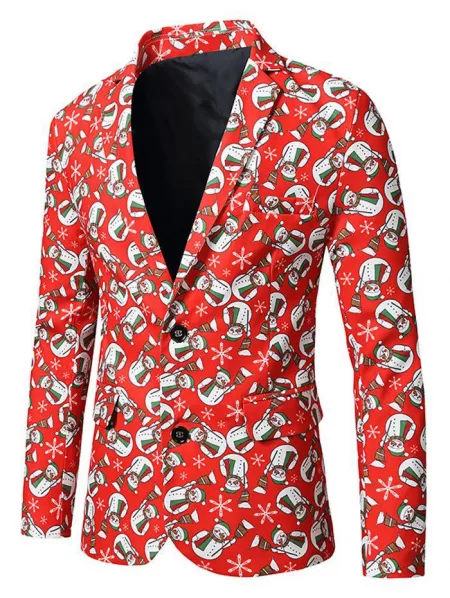 Christmas Snowman Birds Print Lapel Side Slit Blazer