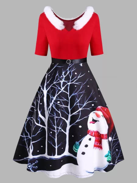 Christmas Snowman Faux Fur Insert Diamante Belted V Neck Dress