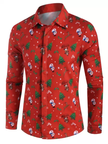 Christmas Tree Elk Snowman Print Button Up Shirt